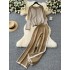 Autumn and winter new lazy style versatile V-neck color blocked striped knitted sweater loose casual high waisted pants sweater set