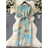 Vintage China-Chic Style Bubble Sleeve Print Dress for Women in Summer Twist Waist Slim Design Medium length Dress