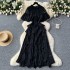 European and American style dress with women's summer design sense, spliced round neck flared sleeves, cinched waist for slimming, lace lotus leaf edge skirt