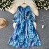 French high-end heavy embroidery bead sequins V-neck lantern sleeves high waist slimming temperament medium long printed dress