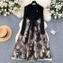 New autumn and winter knitted patchwork jacquard dress for women, with French retro court Hepburn style waist cinching fairy dress for women