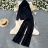 Leisure suit women's autumn outfit new lazy style versatile long sleeved zipper hooded knitted sweater jacket high waist wide leg pants