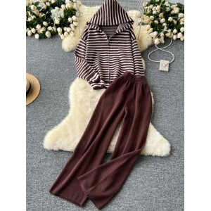 Casual suit women's lazy style versatile zipper hooded contrasting striped knitted cardigan jacket high waist slimming pants