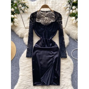 European and American sexy spicy girl square neck collarbone long sleeved lace patchwork satin slit dress, socialite sexy dress