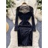 European and American sexy spicy girl square neck collarbone long sleeved lace patchwork satin slit dress, socialite sexy dress