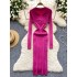 Autumn new style French retro polo collar long sleeved waist cinching slimming temperament knitted dress women's tight fitting hip hugging skirt