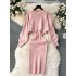 Sweater Women's Winter Fashion Set Light Luxury Hot Diamond Bubble Sleeve Hoodie Versatile Vest Dress Knitted Two Piece Set