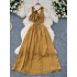 A niche high-end style swinging collar hanging neck strap dress for women with a cinched waist and slimming A-line jacquard satin suspender backless skirt