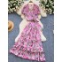 French design cross tie waist cinched V-neck floral chiffon top women's summer two-piece set high waist skirt