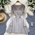 French style light luxury high-end solid color knitted dress for women in autumn and winter, V-neck waist design, niche temperament long skirt