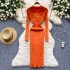 Autumn new style French retro polo collar long sleeved waist cinching slimming temperament knitted dress women's tight fitting hip hugging skirt