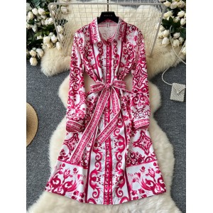 European and American niche retro fashion printed dress, women's autumn outfit with straps, waist cinching, single breasted, medium length shirt and skirt