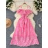 Sweet and gentle wind heart machine, shoulder strap, ruffle edge, waist cinching, slimming effect, hollow out embroidery, vacation style fairy dress