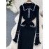 French retro small fragrant style dress, women's fashion contrasting color lapel long sleeved slim fit knit skirt, knee length long skirt