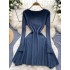 French style light luxury high-end solid color knitted dress for women in autumn and winter, V-neck waist design, niche temperament long skirt