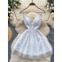 Sweet V-neck camisole puffy dress with French temperament for women, lace patchwork mesh embroidery V-neck backless fairy dress