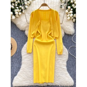 Temperament Knitted Cardigan Coat Women's Autumn Two piece Set Stylish Versatile Long Sleeve Shawl Waist Strap Dress