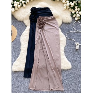 European and American Ins sexy spicy girl half skirt, female design sense, three-dimensional flower high waist slimming slim fit slit long skirt