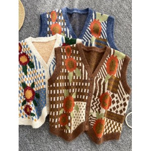 Retro ethnic style sleeveless knitted vest for women, autumn and winter, small stature, floral vintage design, trendy top