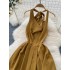 A niche high-end style swinging collar hanging neck strap dress for women with a cinched waist and slimming A-line jacquard satin suspender backless skirt