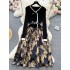 French court style dress, women's niche high-end temperament, knitted splicing jacquard fluffy fake two-piece long dress