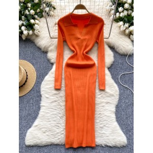 Autumn new style French retro polo collar long sleeved waist cinching slimming temperament knitted dress women's tight fitting hip hugging skirt