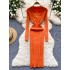 Autumn new style French retro polo collar long sleeved waist cinching slimming temperament knitted dress women's tight fitting hip hugging skirt