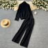 Lazy style slimming slit high neck sweater women's autumn and winter two-piece set versatile age reducing high waisted knitted casual wide leg pants