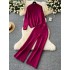 Fashion suit women's Korean version casual versatile split top round neck long sleeved sweater+high waisted wide leg pants long pants