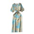 Vintage China-Chic Style Bubble Sleeve Print Dress for Women in Summer Twist Waist Slim Design Medium length Dress