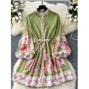 High end elegant dress for women in autumn, European and American retro court standing collar lantern sleeves printed waist slimming A-line skirt