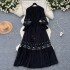 Autumn clothing niche retro heavy industry embroidery lace splicing horn long sleeved drawstring waist slimming ruffle edge dress