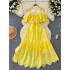 French style design, off shoulder suspender, ruffle edge, waist cinching, slimming effect, heavy industry hollowed out embroidery, A-line vacation style dress