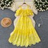 French style design, off shoulder suspender, ruffle edge, waist cinching, slimming effect, heavy industry hollowed out embroidery, A-line vacation style dress