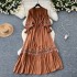 Autumn clothing niche retro heavy industry embroidery lace splicing horn long sleeved drawstring waist slimming ruffle edge dress