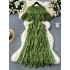 European and American style dress with women's summer design sense, spliced round neck flared sleeves, cinched waist for slimming, lace lotus leaf edge skirt