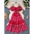 French style design, off shoulder suspender, ruffle edge, waist cinching, slimming effect, heavy industry hollowed out embroidery, A-line vacation style dress