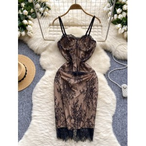 Lace camisole dress for women, pure desire, sexy, spicy, slim fit, slimming, strapless, hip hugging dress, ins European and American dress