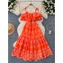 French style design, off shoulder suspender, ruffle edge, waist cinching, slimming effect, heavy industry hollowed out embroidery, A-line vacation style dress