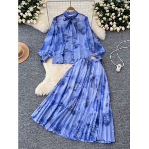 Gentle style two-piece women's French high-end butterfly tie tied lantern sleeve printed shirt with hanging feeling skirt