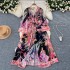 European and American court retro dress for socialites, fashionable V-neck flared long sleeved waist slimming slit printed long skirt