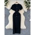 Ladies' new high-end knitted dress with socialite temperament, round neck single breasted short sleeved slim fit, French style long skirt