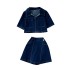 Age reducing set for women in summer, Korean style design, polo collar, short sleeved denim top, irregular versatile shorts, skirts and pants