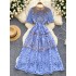 High end Western style dress for women, French retro heavy industry hollow lace round neck short sleeved waist cinched mid length dress