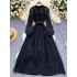 Light luxury French style high-end dress for women in autumn with mesh, black fungus edge, and waist cinching design, exuding a mature and elegant aura. Long skirt