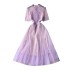 French retro palace style dress for women, embroidered and hollowed out lace round neck, cinched waist, slimming effect, mesh puffy skirt