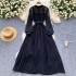 Light luxury French style high-end dress for women in autumn with mesh, black fungus edge, and waist cinching design, exuding a mature and elegant aura. Long skirt