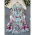 European and American court retro dress for socialites, fashionable V-neck flared long sleeved waist slimming slit printed long skirt