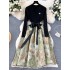 New autumn and winter knitted patchwork jacquard dress for women, with French retro court Hepburn style waist cinching fairy dress for women