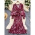 Early autumn new feminine style V-neck lantern sleeves cinched waist for slimming and slimming, wrapped buttocks printed ruffle edge dress